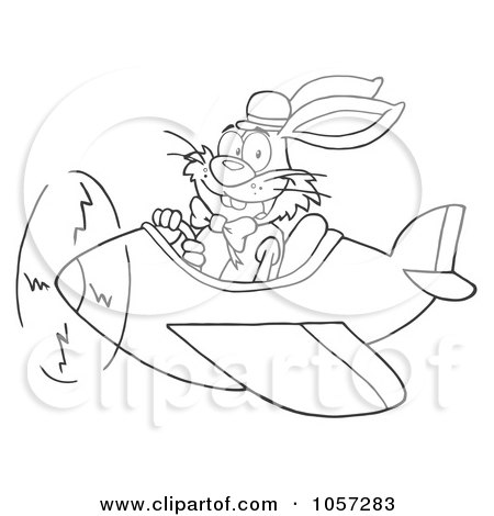 Royalty-Free Vector Clip Art Illustration of an Outlined Easter Bunny Flying An Airplane by Hit Toon