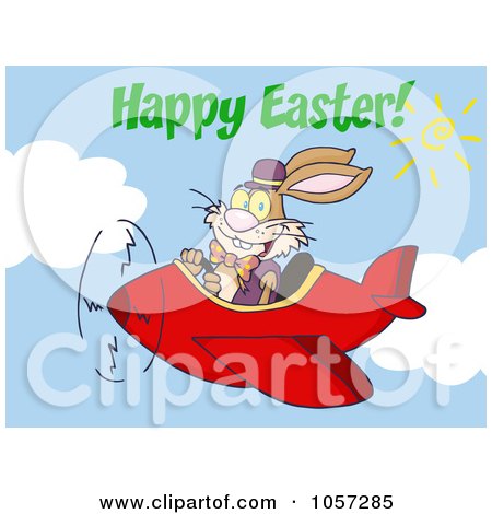 Royalty-Free Vector Clip Art Illustration of Happy Easter Greeting Over An Easter Bunny Flying A Red Airplane by Hit Toon
