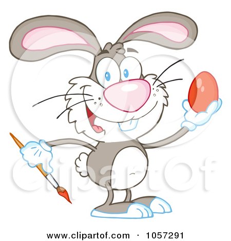 Royalty-Free Vector Clip Art Illustration of a Gray Easter Bunny Painting An Egg by Hit Toon