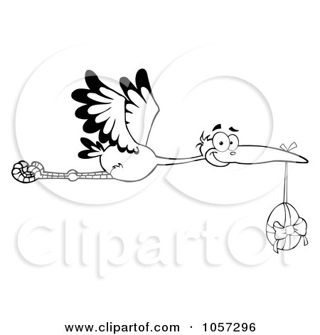 Royalty-Free Vector Clip Art Illustration of an Outlined Stork Flying With An Easter Egg by Hit Toon
