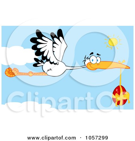 Royalty-Free Vector Clip Art Illustration of a Stork Flying An Easter Egg by Hit Toon
