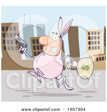Royalty-Free Vector Clip Art Illustration of a Robber Running Through A City In A Bunny Costume by Hit Toon