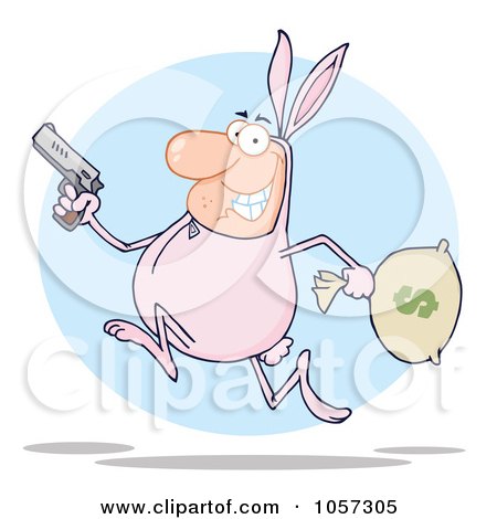 Royalty-Free Vector Clip Art Illustration of a Robber Running In A Bunny Costume Over A Blue Circle by Hit Toon