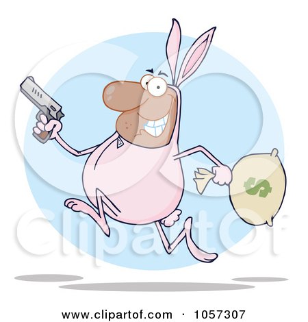 Royalty-Free Vector Clip Art Illustration of a Black Robber Running In A Bunny Costume Over A Blue Circle by Hit Toon