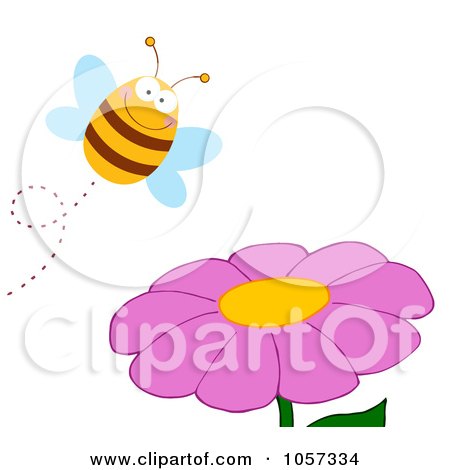 Royalty-Free Vector Clip Art Illustration of a Happy Bee Pollinating A Purple Daisy by Hit Toon