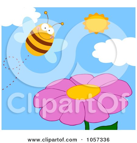 Royalty-Free Vector Clip Art Illustration of a Happy Bee Pollinating A Purple Flower by Hit Toon