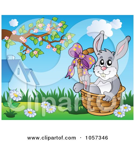 Royalty-Free Vector Clip Art Illustration of an Easter Bunny Sitting In A Basket In A Meadow by visekart