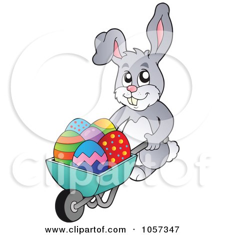 Royalty-Free Vector Clip Art Illustration of an Easter Bunny Pushing A Wheelbarrow Of Eggs by visekart