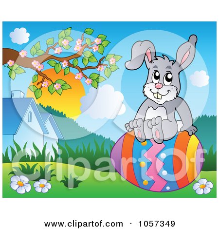 Royalty-Free Vector Clip Art Illustration of an Easter Bunny Sitting On An Egg In A Meadow by visekart
