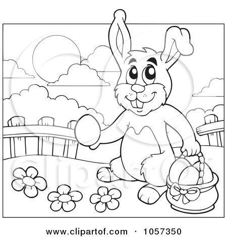 Royalty-Free Vector Clip Art Illustration of an Outline of An Easter Bunny With A Basket Of Eggs by visekart