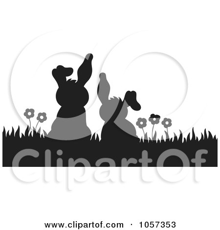 Royalty-Free Vector Clip Art Illustration of Two Silhouetted Bunnies In Grass With Flowers by visekart