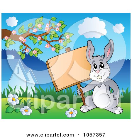 Royalty-Free Vector Clip Art Illustration of an Easter Bunny Holding A Blank Sign In A Meadow by visekart