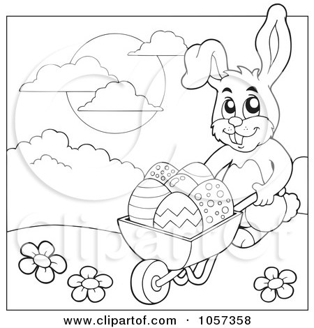 Royalty-Free Vector Clip Art Illustration of an Outline Of An Easter Bunny Pushing A Wheelbarrow Of Eggs by visekart