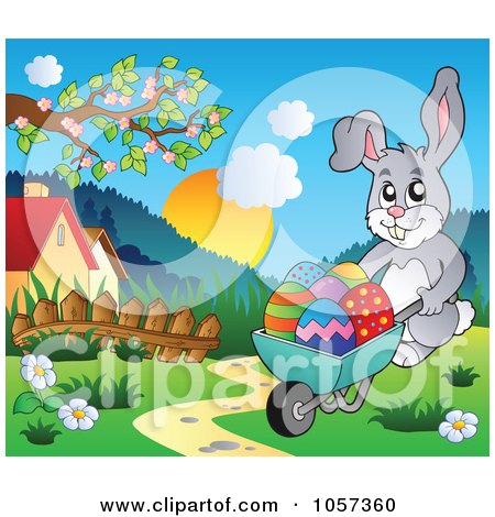 Royalty-Free Vector Clip Art Illustration of an Easter Bunny Pushing A Wheel Barrow Of Eggs by visekart