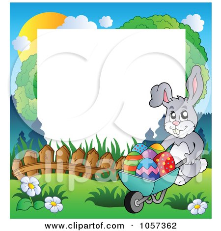 Royalty-Free Vector Clip Art Illustration of a Frame Of An Easter Bunny Pushing A Wheelbarrow Of Eggs by visekart