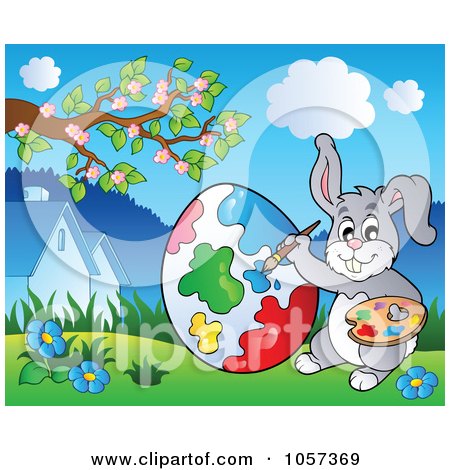 Royalty-Free Vector Clip Art Illustration of an Easter Bunny Painting An Egg Outside by visekart