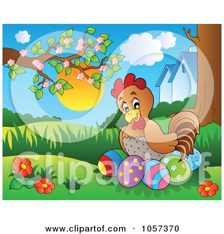 Royalty-Free Vector Clip Art Illustration of a Hen Sitting On Easter Eggs In A Spring Landscape by visekart