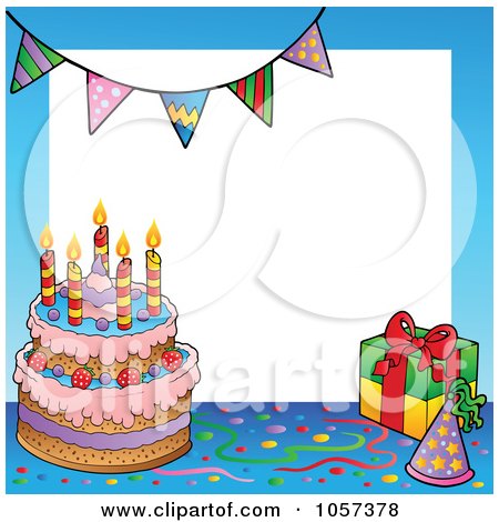Royalty-Free Vector Clip Art Illustration of a Frame Of A Birthday Cake With A Party Hat And Gift by visekart
