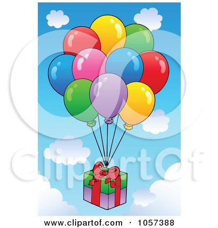 Royalty-Free Vector Clip Art Illustration of a Gift Floating With Party Balloons In A Sky by visekart