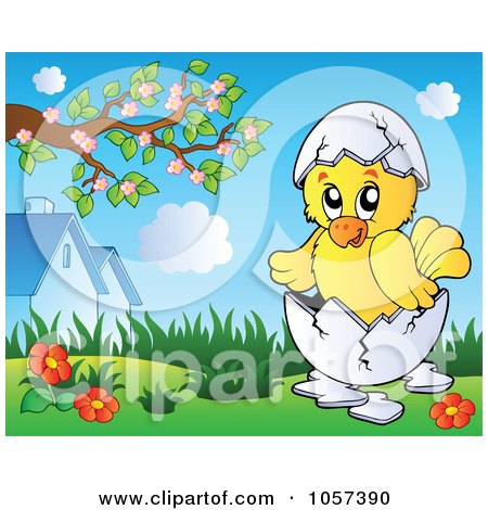 Royalty-Free Vector Clip Art Illustration of a Chick Hatching In A Spring Landscape by visekart