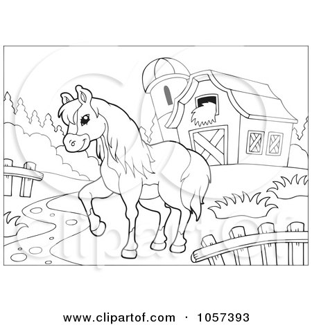Royalty-Free Vector Clip Art Illustration of am Outlined Farm Horse Walking In A Pasture by visekart