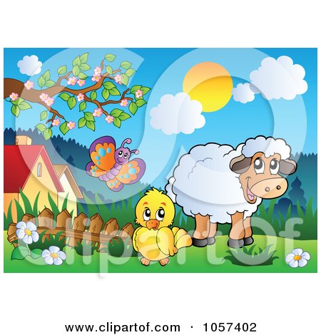Royalty-Free Vector Clip Art Illustration of a Chick And Sheep In A Spring Landscape by visekart