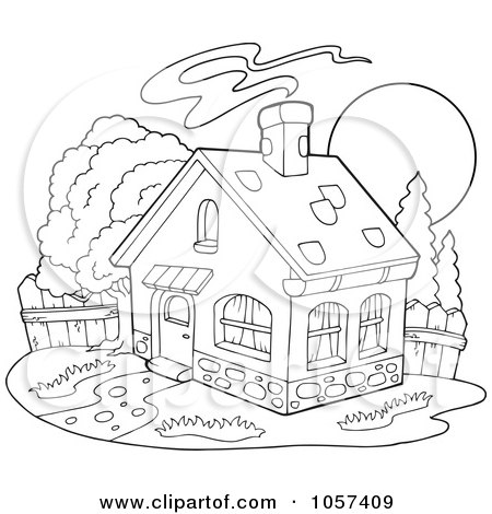 Royalty-Free Vector Clip Art Illustration of a Coloring Page Outline Of A House With Smoke Rising From The Chimney by visekart