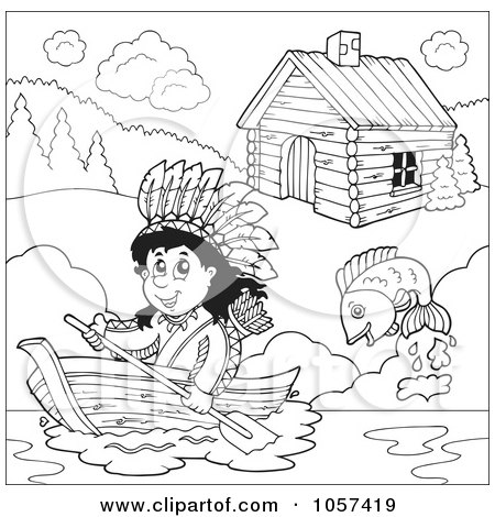 Royalty-Free Vector Clip Art Illustration of a Coloring Page Outline Of A Native American Boating By A Cabin by visekart
