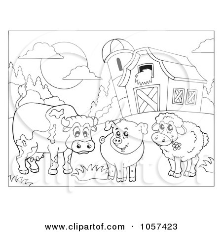 Royalty-Free Vector Clip Art Illustration of a Coloring Page Outline Of A Cow, Pig And Sheep By A Barn by visekart