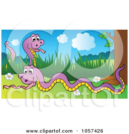 Royalty-Free Vector Clip Art Illustration of Two Purple Snakes In A Spring Landscape by visekart