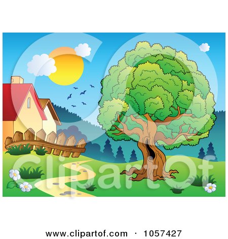 Royalty-Free Vector Clip Art Illustration of Birds And A Sun Over Houses And A Tree by visekart