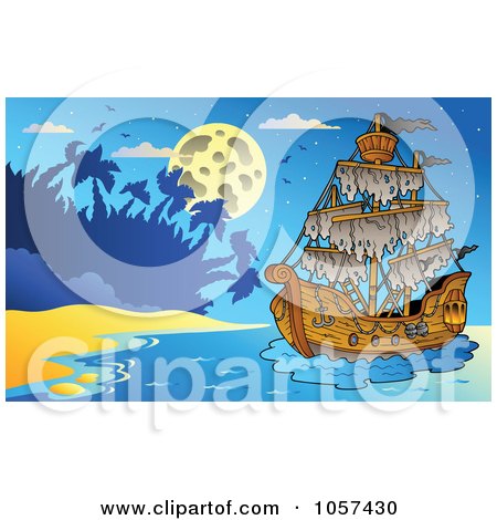 Royalty-Free Vector Clip Art Illustration of a Mysterious Pirate Ship Near An Island At Night by visekart