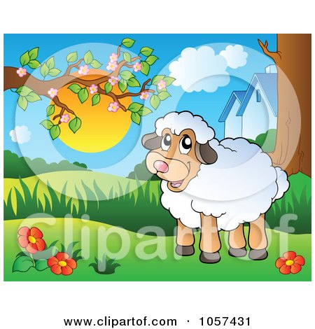 Royalty-Free Vector Clip Art Illustration of a Farmyard Sheep In A Spring Meadow by visekart