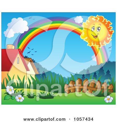 Royalty-Free Vector Clip Art Illustration of a Sun And Rainbow Over A Meadow And Houses by visekart