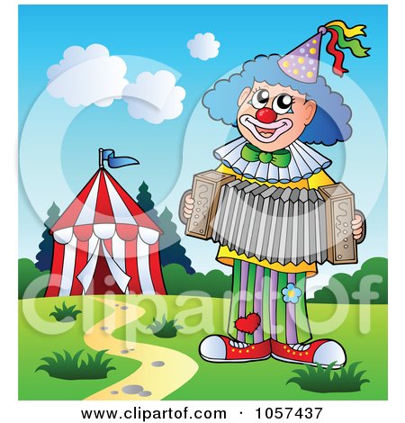 Royalty-Free Vector Clip Art Illustration of a Circus Clown Playing An Accordion By A Tent by visekart