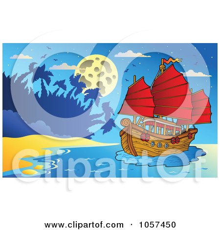 Royalty-Free Vector Clip Art Illustration of a Chinese Boat Near An Island by visekart