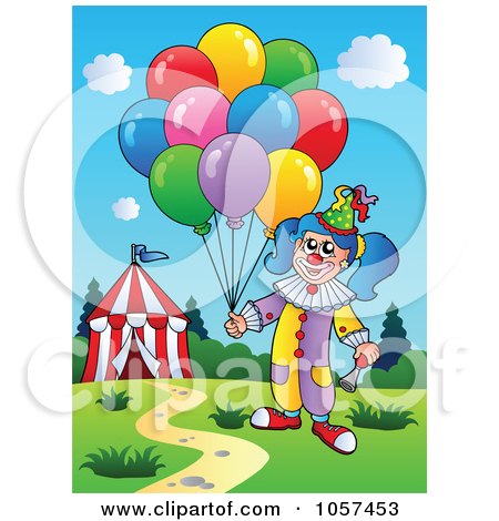 Royalty-Free Vector Clip Art Illustration of a Female Circus Clown With Balloons By A Tent by visekart