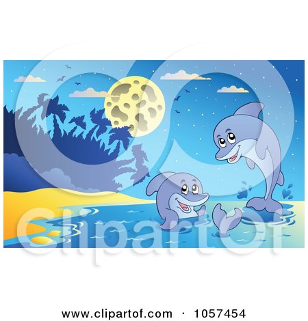 Royalty-Free Vector Clip Art Illustration of Two Playful Dolphins Near A Beach Under A Full Moon by visekart
