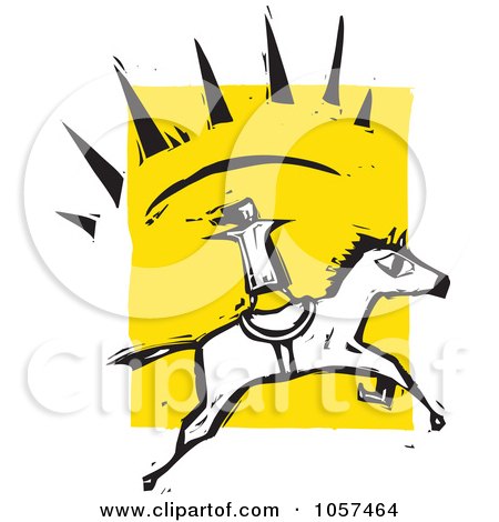 Royalty-Free Vector Clip Art Illustration of a Woodcut Styled Person Standing On A Running Horse by xunantunich