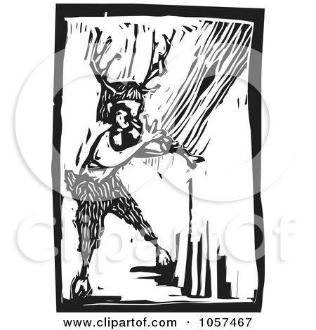 Royalty-Free Vector Clip Art Illustration of a Black And White Woodcut Styled Faun Playing An Instrument by xunantunich
