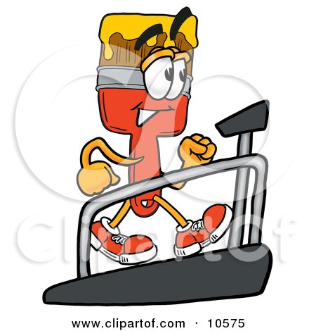 Clipart Picture of a Paint Brush Mascot Cartoon Character Walking on a Treadmill in a Fitness Gym by Mascot Junction