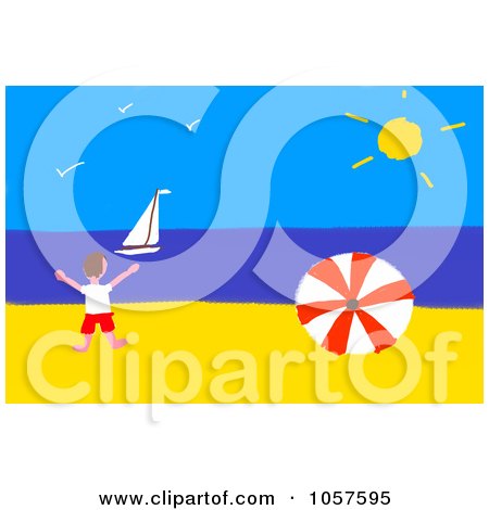 Royalty-Free CGI Clip Art Illustration of a Boy On A Beach By A Ball, Looking At A Sailboat by chrisroll