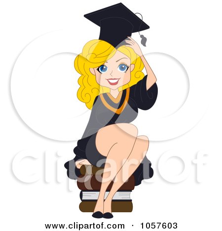 Royalty-Free Vector Clip Art Illustration of a Blond Graduation Pinup Woman Sitting On Books by BNP Design Studio