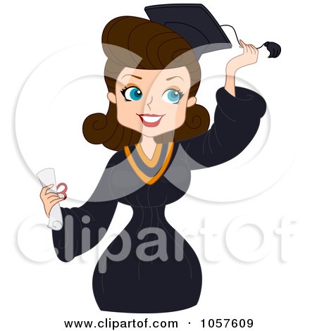 Royalty-Free Vector Clip Art Illustration of a Brunette Graduate Pinup Woman Grabbing Her Tassel by BNP Design Studio