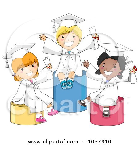 Royalty-Free Vector Clip Art Illustration of Happy Graduate Kids Sitting On Pillars by BNP Design Studio