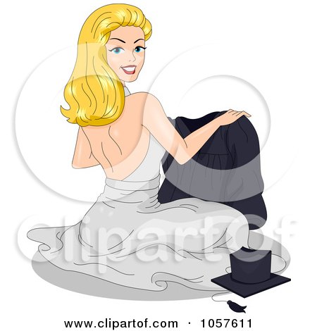 Royalty-Free Vector Clip Art Illustration of a Blond Graduation Pinup Woman Folding A Gown by BNP Design Studio