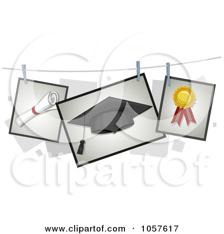 Royalty-Free Vector Clip Art Illustration of Developing Pictures Of A Diploma, Graduation Cap And Ribbon On A Line by BNP Design Studio