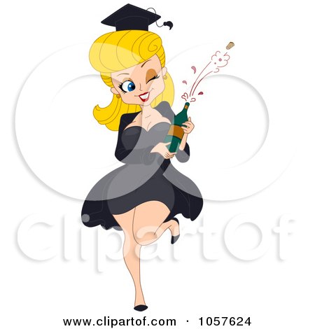 Royalty-Free Vector Clip Art Illustration of a Blond Graduation Pinup Woman Popping The Cork Off Of A Wine Bottle by BNP Design Studio