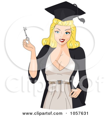 Royalty-Free Vector Clip Art Illustration of a Blond Graduation Pinup Woman Holding A Key by BNP Design Studio