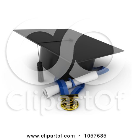 Royalty-Free CGI Clip Art Illustration of a 3d Graduation Cap Over A Medal And Diploma by BNP Design Studio